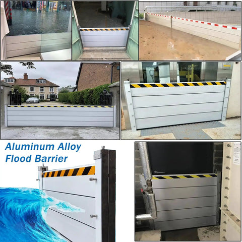 Heavy Duty Aluminum Flood Barriers For Front Doors And Driveways Tough As Nails Reusable Outdoor Weather Shield installed at various entryways.