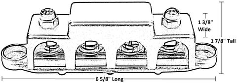 Heavy Duty 3/8 Inch 4 Stud Bus Bar Power Distribution Block dimensions showcasing 6 5/8 inch length, 1 3/8 inch width, and 1 7/8 inch height.