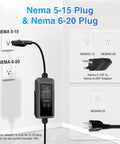 Level 1 And Level 2 EV Charger With 25 Feet Cable, 16A, 110-240V, showcasing NEMA 5-15 and NEMA 6-20 plug adapters
