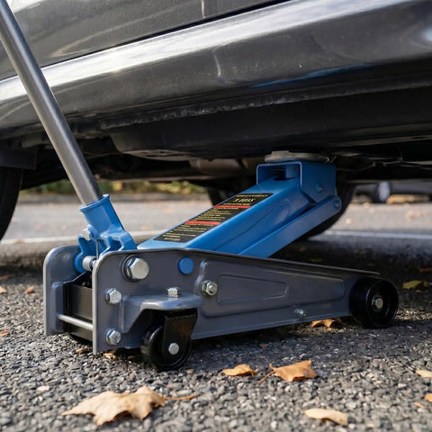 3 Ton Hydraulic Floor Jack 6600 Lbs Lift Range Heavy Duty Steel Race Car Stand With Rollers under vehicle for tire changes.