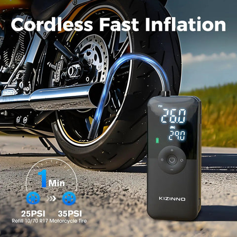 On The Go Portable Electric Bike Pump With Digital Pressure Gauge For Bike E-Bike And Motorcycle Ultra Lightweight One Pound Inflator With Built In Hose And Valve Storage Quick 150 PSI Presta And Schrader Compatible