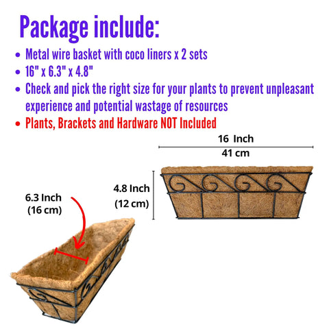 Two Pack 16 Inch Rectangular Metal Wall Planters For Outdoor Plants, Balcony Rail Garden Baskets With Coco Liners, No Fuss Setup