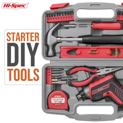 Open case of Red 35 Piece Tool Kit With 3.6V USB Electric Screwdriver And Drill Set for home DIY projects