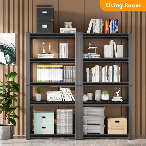 Beefy Heavy Duty Five Tier Steel Storage Shelving Unit With 600 Lb Per Shelf Capacity, Built For Garage And Warehouse Use, 72 Inch High, 35 Inch Wide, 16 Inch Deep, Industrial Metal Shelves Built To Last in living room with books and bins