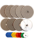 4 Inch Dry Diamond Polishing Pads Set With Aluminum Based Backing Pads For Granite And Marble Grinding And Polishing Multi Grit Kit Includes 50 100 200 400 800 Grits, Works With Grinder Or Polisher displayed in rows with various grits.