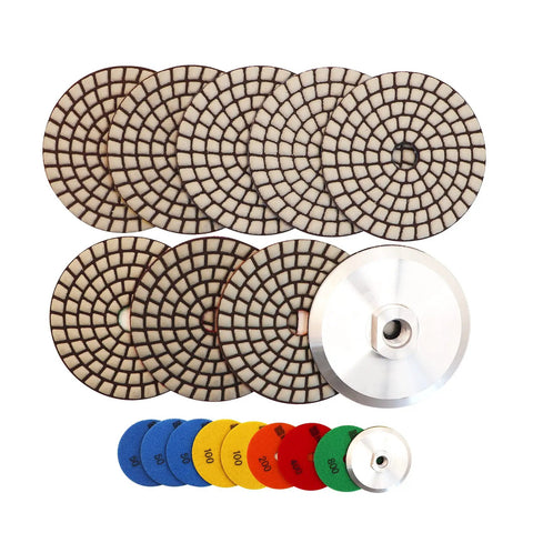 4 Inch Dry Diamond Polishing Pads Set With Aluminum Based Backing Pads For Granite And Marble Grinding And Polishing Multi Grit Kit Includes 50 100 200 400 800 Grits, Works With Grinder Or Polisher displayed in rows with various grits.