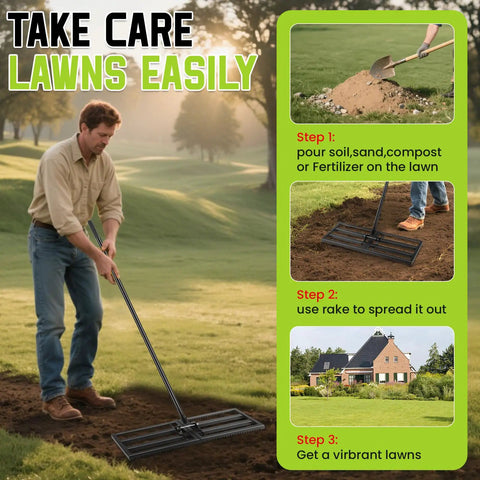 Pro Grade Heavy Duty Lawn Leveling Rake With Adjustable Length 16 To 77 Inches Stainless Steel Ground Soil Spreader in use