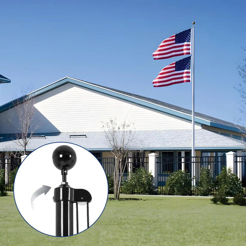 Flagpole Pro Grade Heavy Duty Hardware Repair Kit With 50 Ft Halyard Rope 3 Inch Gold Ball Topper 6 Inch Zinc Alloy Cleat Four Metal Swivel Snap Clips And Aluminum Flagpole Truck For 2 Inch Diameter Poles on outdoor flagpole