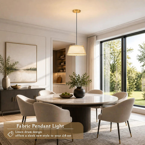 AyshwillDec 10" Modern Gold Linen Pendant Light Dining Room Bulb Included hanging over a round dining table with soft chairs.