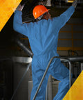 Person wearing Breathable Particle Protection Coveralls With Zipper Front, Elastic Back, Wrists And Ankles, Blue Reflex Design
