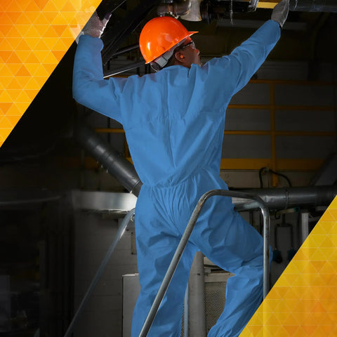 Person wearing Breathable Particle Protection Coveralls With Zipper Front, Elastic Back, Wrists And Ankles, Blue Reflex Design
