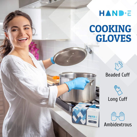 No Sweat Blue Nitrile Gloves Medium 100 Count Built Tough At Three Mil Thick Powder Free Latex Free With Slick Textured Grip Ideal For Kitchen Cooking House Cleaning And Beauty Salons Smooth Reliable Safety For Any Job You Grab, worn by a smiling woman in a kitchen.