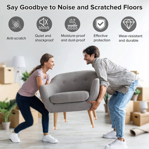 Couple lifting sofa highlighting Upgraded 2mm Thick Silicone Chair Leg Floor Protectors For Hardwood Floors with icons above