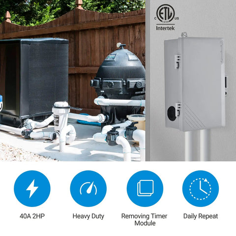 Beefy Outdoor Mechanical Pool Pump Timer Box 40A 120 to 277 VAC 24 Hour Programmable On Off Switch in weatherproof enclosure