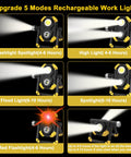 6000 Lumen Magnetic Base Work Light With 360 Degree Rotation And 7000K Warm LEDs showcasing five lighting modes.