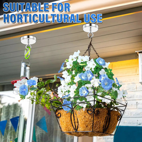 Beast Mode Neodymium Fishing Magnet With Countersunk Hole holding a hanging flower basket for horticultural use