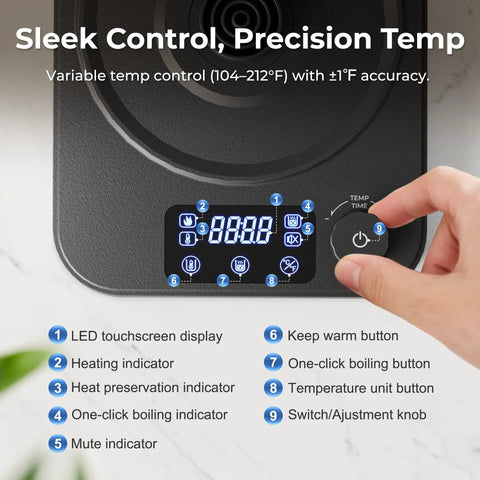 Close-up of LED touchscreen display for Gooseneck Electric Kettle With Precise Temperature Control Pro Grade 1L 1200W Fast Heating