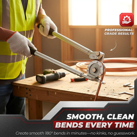Hands using Top Rated Flexzion 1/2 Inch Outer Diameter Tubing Bender Tool for precise copper pipe bending.