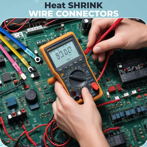 Hands using multimeter with 302 Pcs Heat Shrink Wiring Connectors Kit on circuit board, showing assorted wire connectors.