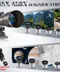 Diagram showing 45x to 450x magnification using 102mm Aperture Astronomy Telescope With 900mm Focal Length Dual Slow Motion Rods