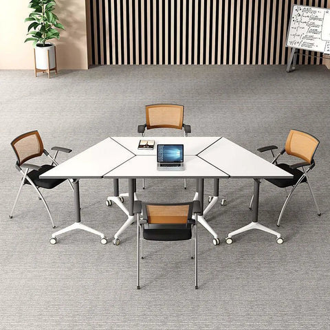 Foldable Office Desk With Hella Smooth Rolling Wheels And Rock Solid Steel Frame, Adjustable Mobile Computer Workstation For Compact Spaces, No Sweat Assembly, Durable Study Table For Modern Home Setups with laptop and chairs.