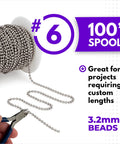 Close-up of WAXAW Stainless Steel Number Six Beaded Ball Chain 100 Foot Spool with pliers, USA Made Bundle for craft projects.