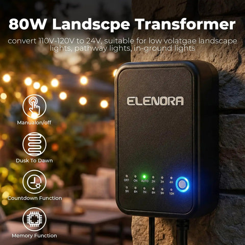 Close-up of 80W transformer for All In One Low Voltage Landscape Lighting Kit With 8 Waterproof LED Spotlights, outdoor installation.