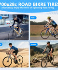 Cyclists using 2 Pack 700x28c Road Bike Tire Replacement Kit With Inner Tubes on city streets and various terrains.