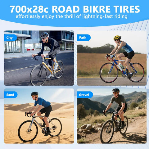Cyclists using 2 Pack 700x28c Road Bike Tire Replacement Kit With Inner Tubes on city streets and various terrains.