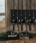 Heavy Duty Fishing Rod Holder Wall Mount For Garage Or Shed, 5-Rod Iron Rack With Reel Slots, Ceiling Or Wall Mount, installed outdoors