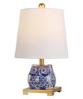 Blue White Ceramic Owl Table Lamp With Linen Shade Cozy Modern Farmhouse Nightstand Light For Bedroom Or Office LED Bulb Included Energy Efficient ETL Listed
