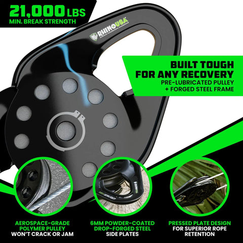 Heavy Duty Snatch Block For Winch Recovery 13.5 Ton Pulley With Aerospace Polymer Sheave And Powder Coated Drop Forged Steel Frame Built Tough For Synthetic Rope And Steel Cable Up To Three Eighths Inch American Owned Family Operated, black snatch block