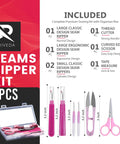 All In One Handy 7 Piece Seam Ripper Kit With 2 Large Rippers Including Classic And Ergonomic 2 Small Rippers Thread Cutter Scissors And Measuring Tape For Sewing Notions Quilting And Craft Projects Durable Sharp Ergonomic Handles displayed with pink accessories on white background.