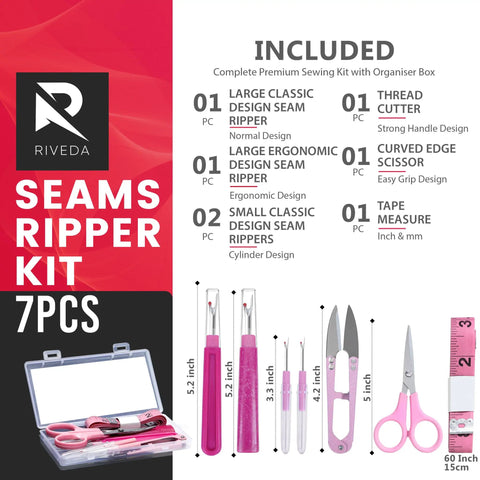 All In One Handy 7 Piece Seam Ripper Kit With 2 Large Rippers Including Classic And Ergonomic 2 Small Rippers Thread Cutter Scissors And Measuring Tape For Sewing Notions Quilting And Craft Projects Durable Sharp Ergonomic Handles displayed with pink accessories on white background.