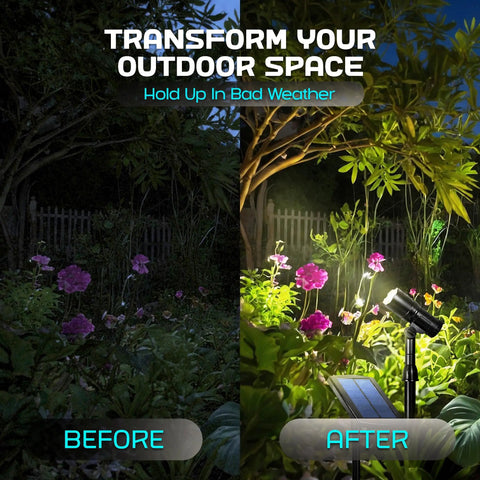 Outdoor Solar Spotlight Set Two Pack With Fifteen Inch Panel Waterproof LED Easy Install And Adjustable Height For Yard Garden Patio And Trees Lit Solar Landscape Lights For Accent And Pathway Lighting showing before and after garden transformation