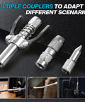 3 metallic couplers for 2-In-1 Cordless Grease Gun Kit With Dual Grips, 12,000 PSI High Pressure, shown on black background