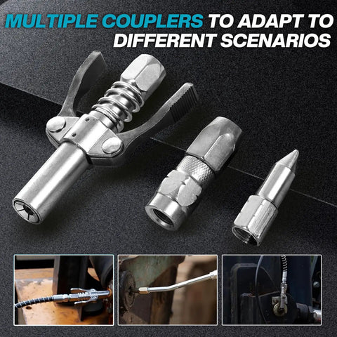 3 metallic couplers for 2-In-1 Cordless Grease Gun Kit With Dual Grips, 12,000 PSI High Pressure, shown on black background