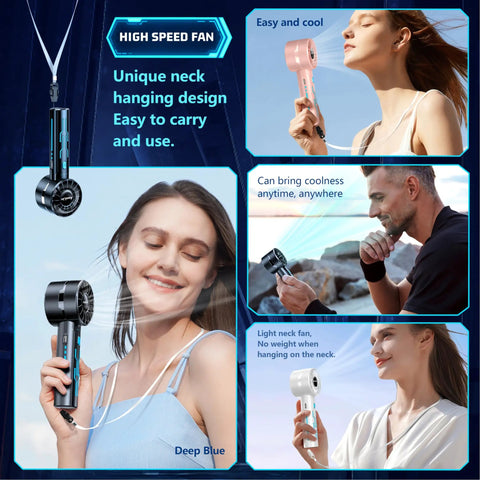 Collage showcasing 2 Pack Portable Handheld Turbo Fan With 7000rpm High Speed Motor USB Rechargeable, people enjoying outdoors.
