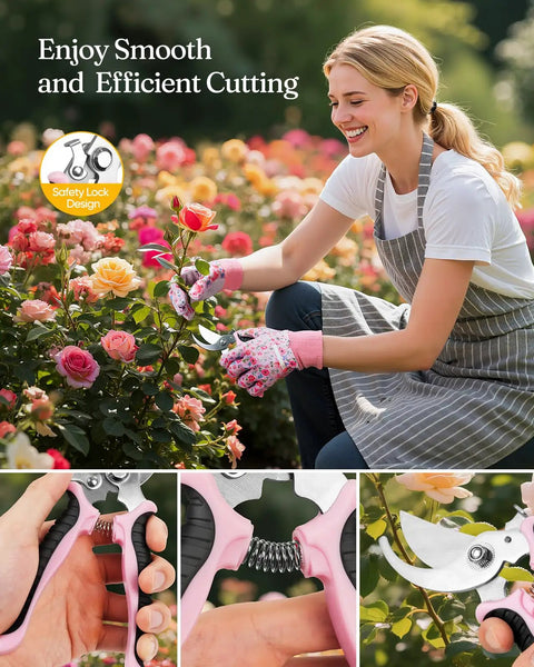 Woman using 12-Piece Pink Yard Tool Set For Women And Men to prune roses, close-up of pink twig shears with safety lock design