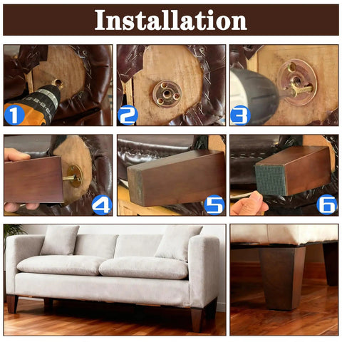 Installation steps for Beefy 4 Inch Wood Furniture Legs Set Of 4 In Square Brown Finish with bolts for sofa replacement.