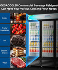 Real Deal 53 Cu Ft Three Door Commercial Display Refrigerator For Bodegas Beverage Merchandiser Cooler showcasing drinks, fruits, and snacks.