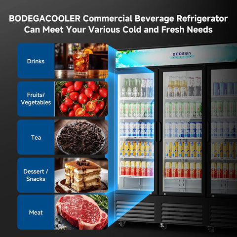 Real Deal 53 Cu Ft Three Door Commercial Display Refrigerator For Bodegas Beverage Merchandiser Cooler showcasing drinks, fruits, and snacks.