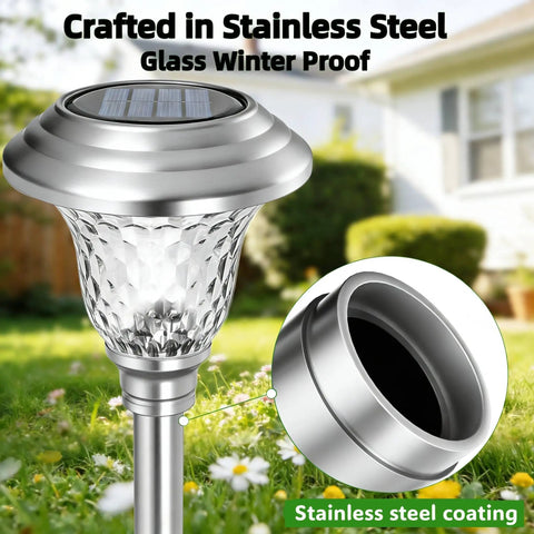 8 Pack Solar Pathway Lights Outdoor Waterproof With Diamond Glass Lampshades Cool White 6000K LED Lighting Stainless Steel Garden Landscape Lighting For Yard Walkway Driveway And Lawn