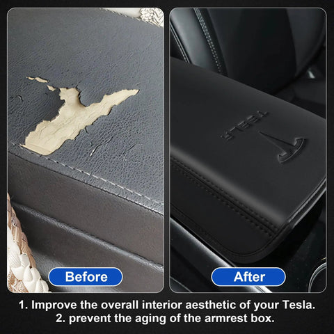 Before and after of Center Console Armrest Cover For Tesla Model 3 and Model Y 2017 to 2025 Premium PU Leather in black.