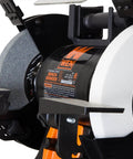 Rock Hard Bench Grinder With Eight Inch Grinding Wheels And A Snappy Variable Speed Motor with two grinding wheels and tool rests.