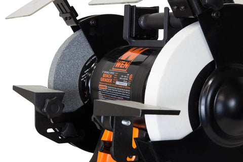 Rock Hard Bench Grinder With Eight Inch Grinding Wheels And A Snappy Variable Speed Motor with two grinding wheels and tool rests.