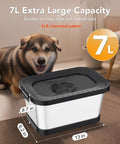 Dog with 7L stainless steel water bowl filter kit, square design, for large pets, highlighting size and capacity details.