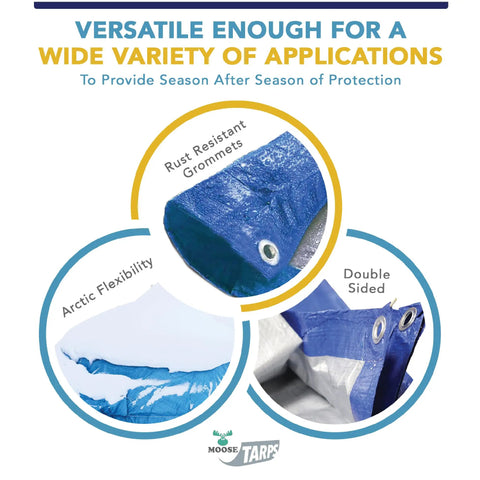 Medium Duty 40 By 40 Foot Water Resistant Tarp With 5 Mil Thickness Reversible Blue And Silver Tough As Nails All Around showing grommets and double-sided design