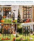 Collage of Heavy Duty 5.25ft Metal Garden Trellis used for festive decor: Halloween pumpkins, Christmas ornaments, more.