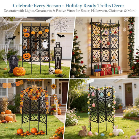 Collage of Heavy Duty 5.25ft Metal Garden Trellis used for festive decor: Halloween pumpkins, Christmas ornaments, more.